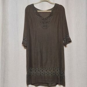 Carla Conti Tunic Dress Linen Embroidered Eyelet XS XSmall Black Charcoal